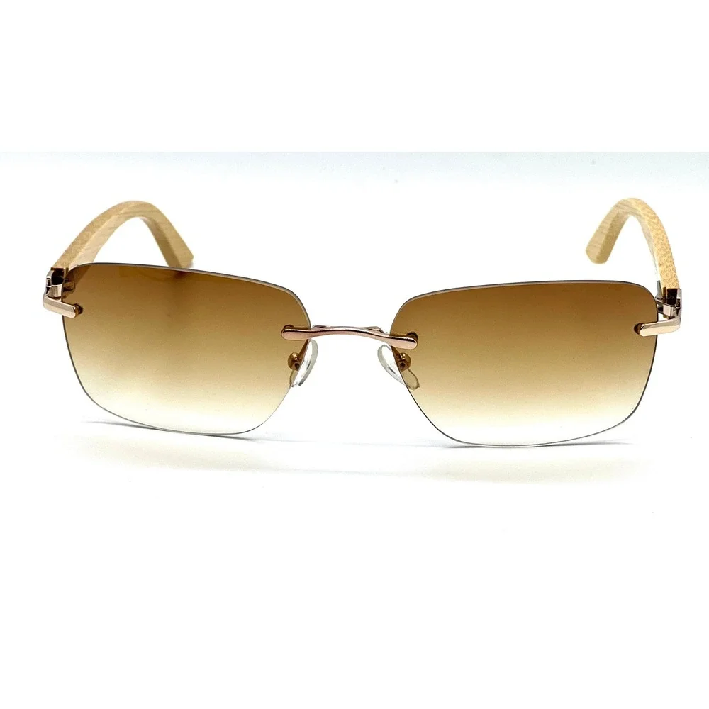 Rimless Sunglasses Wood Grain Arms Brown Gradient Lens Lightweight Fashion Gafas